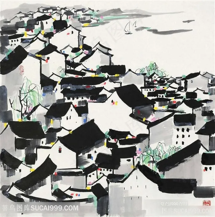 吴冠中手绘唯美水墨乡村美景装饰画