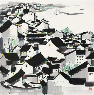 吴冠中手绘唯美水墨乡村美景装饰画