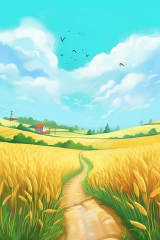 田园小路屋子小麦山脉背景