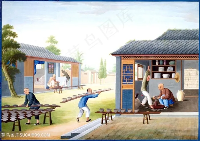 古代陶瓷搬运集市贸易场景绘画图片