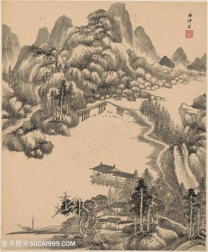 明代画家王鉴仿仲圭仿古山水图国画图片