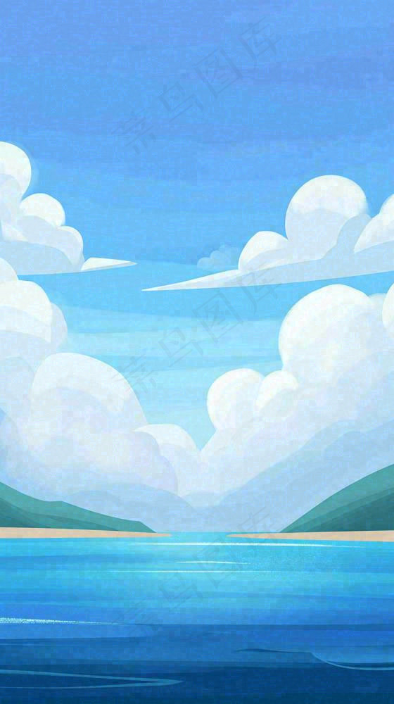 夏天蓝色扁平卡通插画蓝天白云湖水远山(816x1456)
