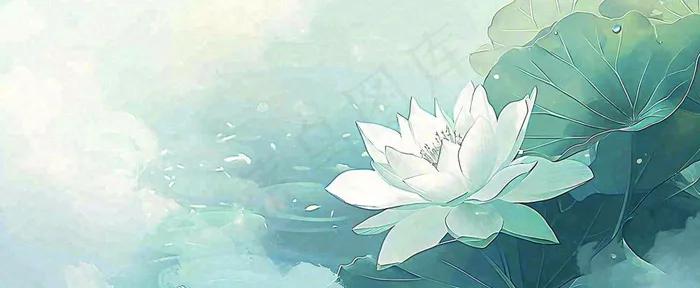 夏天荷花荷叶手绘绿色插画，夏至小暑大暑(1712x704)