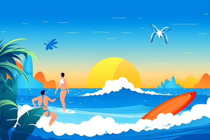 夏日海边海浪冲浪人物蓝色插画背景(3600x2400)