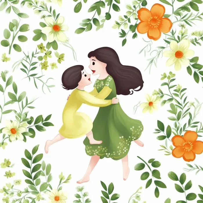 母亲节妈妈拥抱着孩子花海手绘插画素材海报背景(1024x1024)