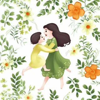 母亲节妈妈拥抱着孩子花海手绘插画素材海报背景