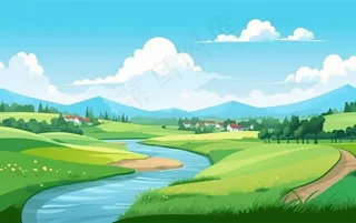 乡村村庄美丽风景河流插画农田插画背景