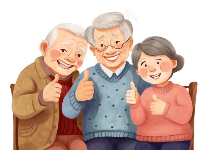 老人合照团聚卡通插画免抠