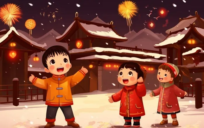 新年除夕夜烟花爆竹儿童玩乐喜庆卡通插画背景(1376x864)