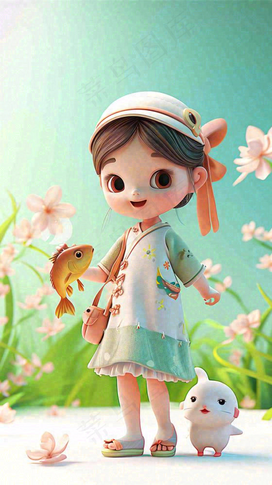 儿童节小女孩田间游玩小草小花，动物鱼类可爱(816x1456)