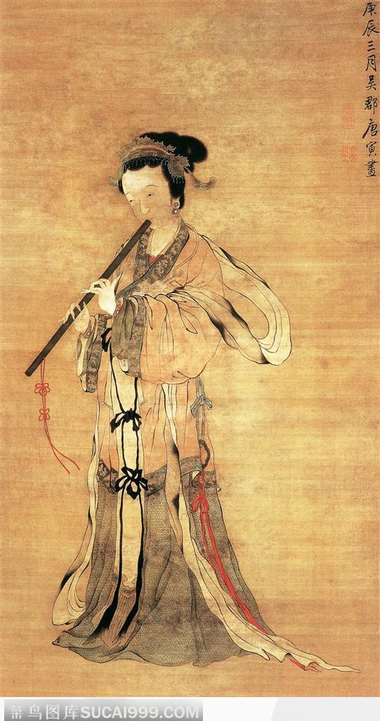 中国国画之人物-吹笛的古代美女