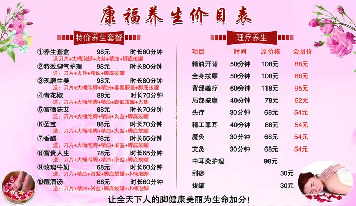 美容养生价目表 美容墙贴价格表 养生价格表 美甲美睫项目表psd模版下载