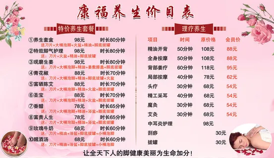美容养生价目表 美容墙贴价格表 养生价格表 美甲美睫项目表
