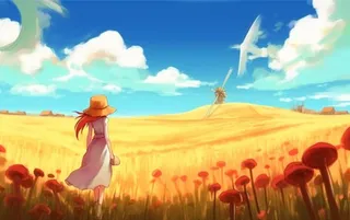 秋天麦田里的女孩背影插画背景