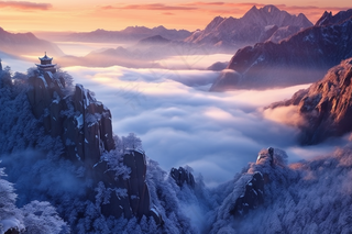 冬季高山云层日出雪景摄影图