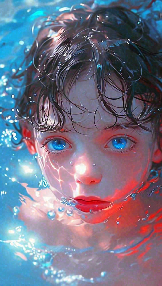 夏天少年男孩海底游泳水面，夏至小暑儿童节