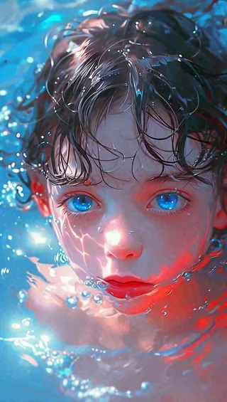 夏天少年男孩海底游泳水面，夏至小暑儿童节