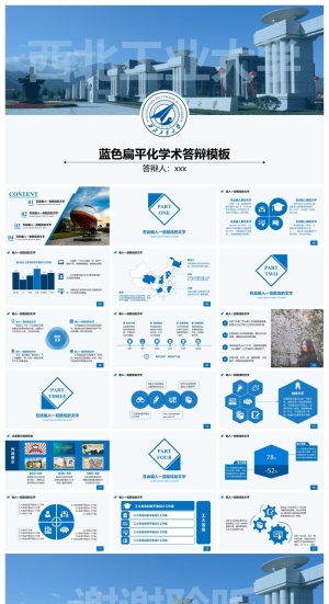 蓝色扁平化学术答辩ppt模板