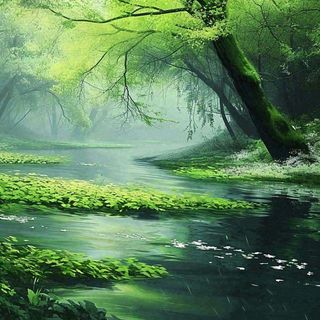 春天绿树成荫的树林里面小溪溪水飘着树叶和花瓣