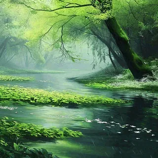 春天绿树成荫的树林里面小溪溪水飘着树叶和花瓣