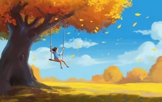 秋天落叶荡秋千的女孩公园插画背景