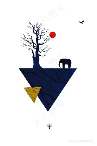 大象大树山脉艺术插画