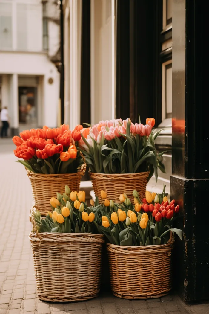 街道商店门口的花篮郁金香鲜花摄影图(2688x4032)