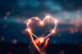 夜幕降临手拿着发光的爱心浪漫摄影图