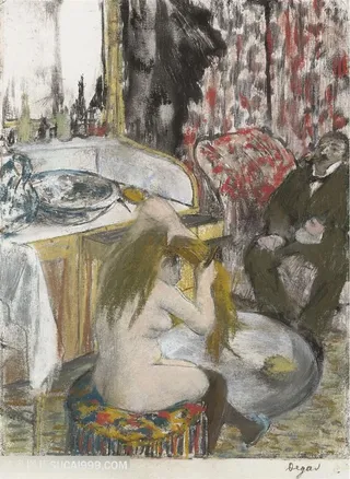 德加油画室内梳头发女士装饰画