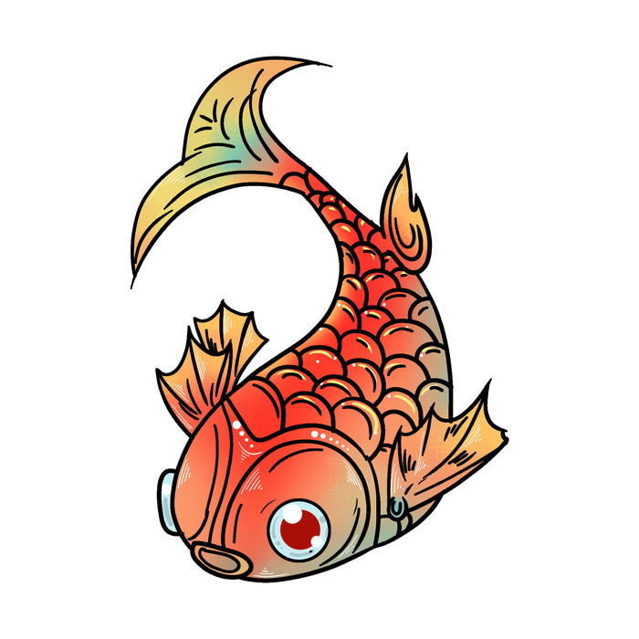 手绘烫金国潮中国风卡通锦鲤鱼金鱼插画装饰元素PSD设计素材