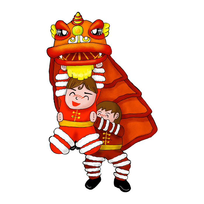 新年春节虎年元宵手绘人物舞狮卡通狮子头插画元素PSD设计素材