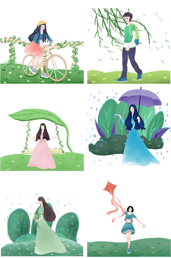 清明节青团卡通踏青人物男女孩放牛娃元素春季春游PSD设计PNG素材