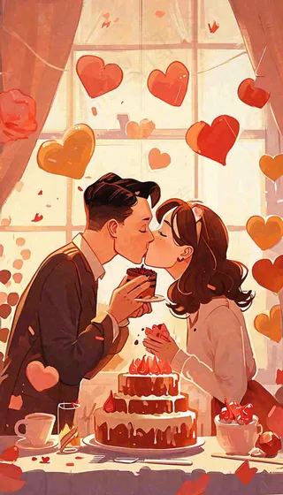 情人节情侣浪漫圣诞节日温馨生日会，插画手绘，居家餐厅美食