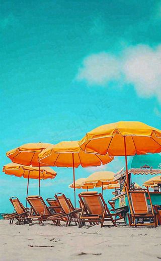 夏日沙滩椅阳光灿烂，夏季暑期海边小暑大暑夏至