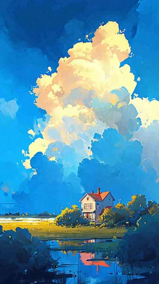 春天乡村河流倒影草地蓝天白云小屋手绘插画