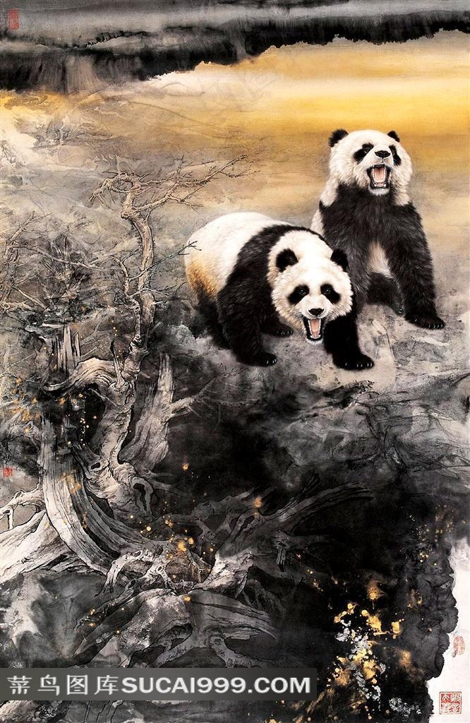 国画两只大熊猫