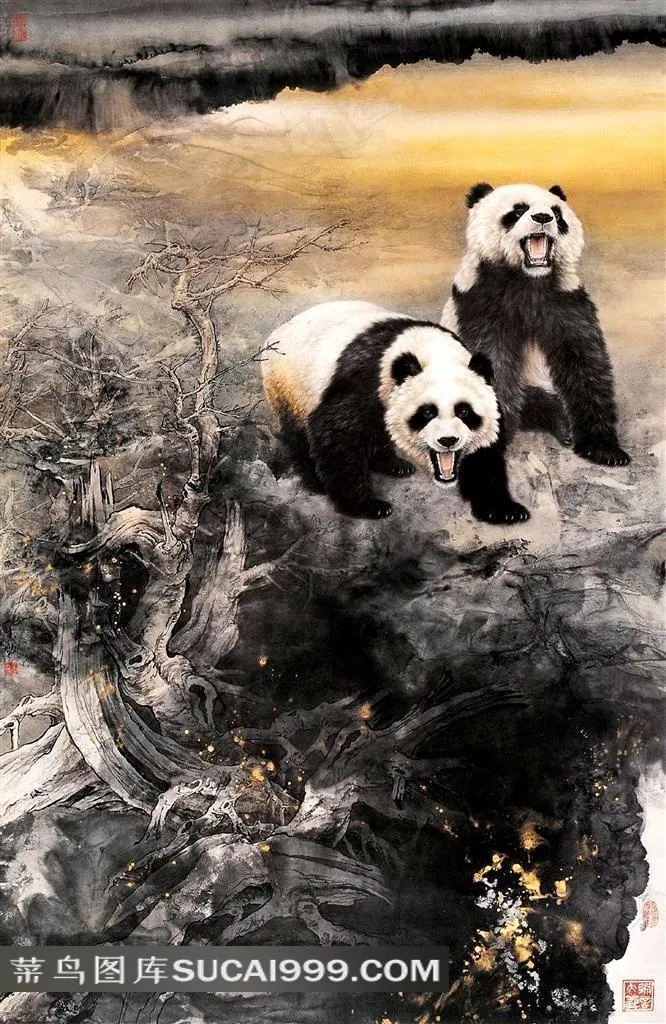 国画两只大熊猫