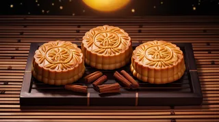 中秋木质托盘餐具上摆放着的月饼摄影图