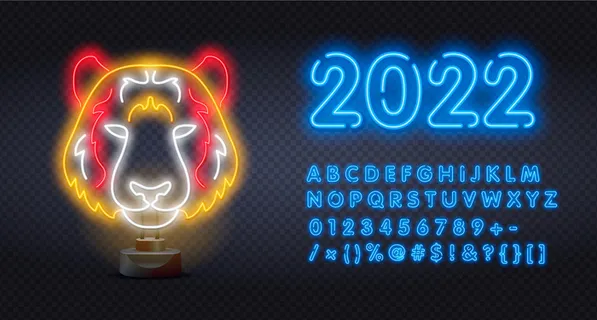 夜晚霓虹灯发光字特效老虎2022新年虎年春节元素矢量平面设计素材