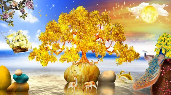 发财树金鹿大海风顺装饰画