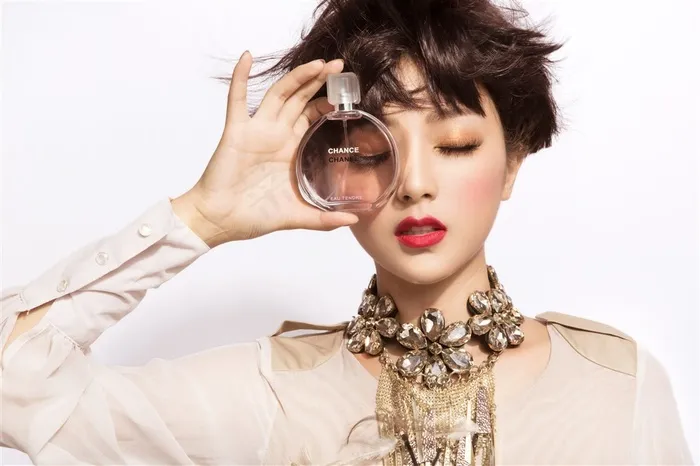 拿香水瓶遮眼的时尚美女