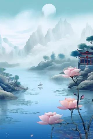 创意蓝色山水荷花荷叶背景