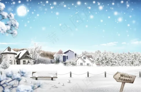 雪天房子树林风景PSD分层素材.psd