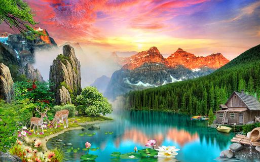 高山山水小鹿黄昏风景