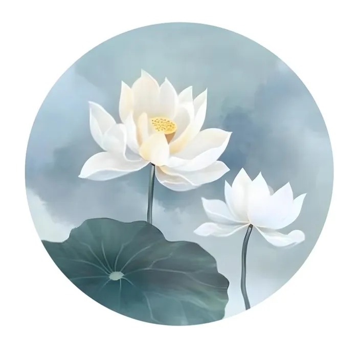 莲花荷花水墨圆框画免抠(1900x1842)