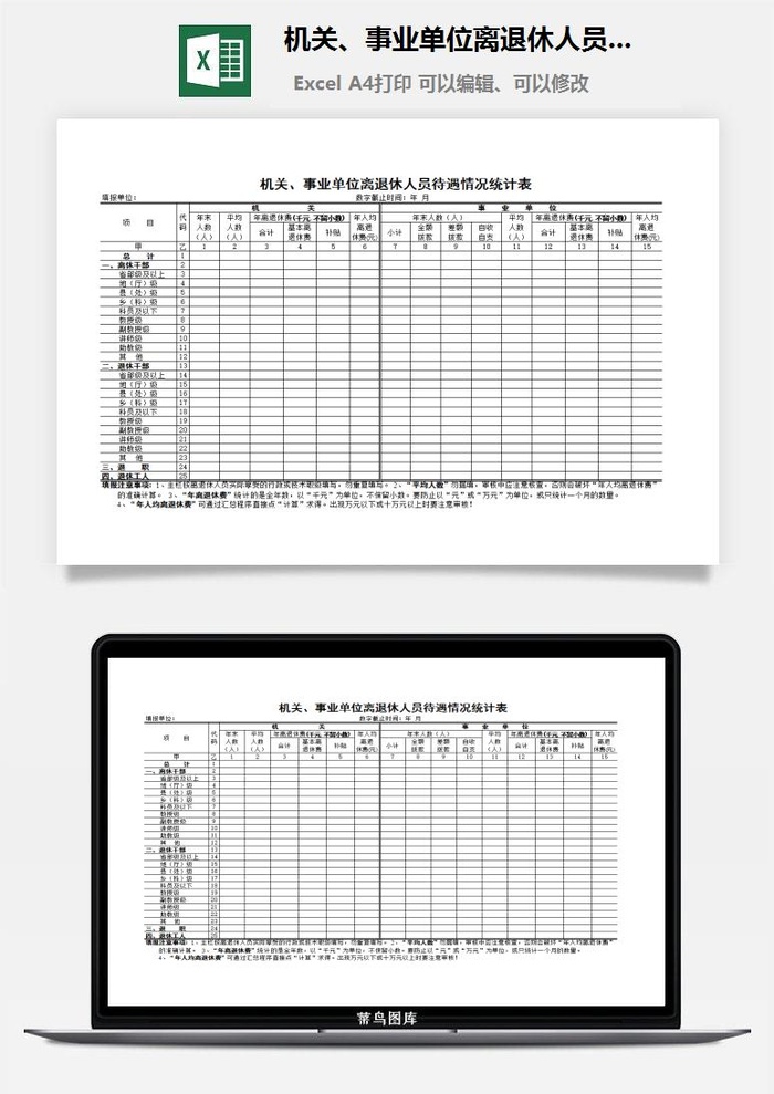 机关、事业单位离退休人员待遇情况统计表excel模板