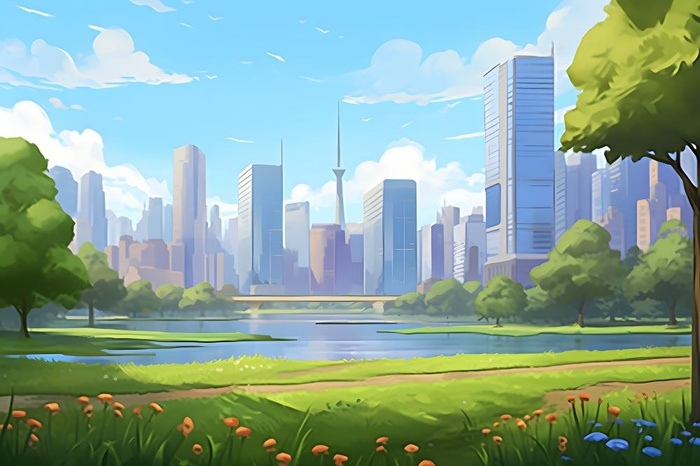 城市风光建筑草地背景
