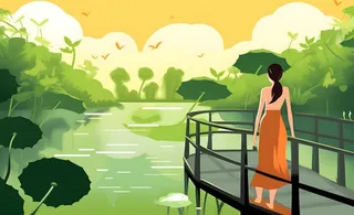 赏花荷叶睡莲女孩插画背景