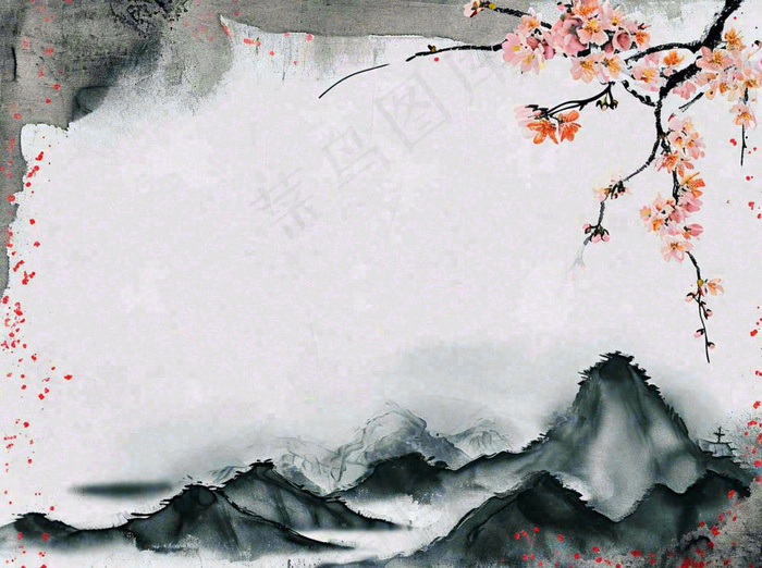 中国风水墨山水画，山脉枝叶花朵手绘插画(1264x944)