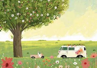 清新可爱春日郊游旅行房车粉绿蜡笔插画手绘草坪，惊蛰春分